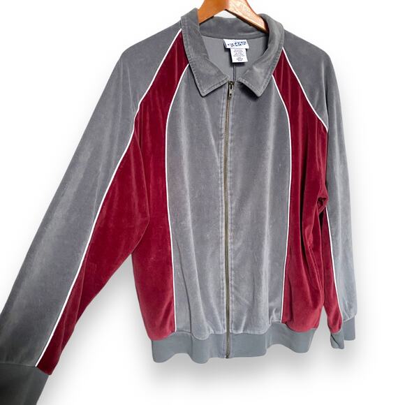 Vntg Irvine Park Velour Track Jacket Mens L Grey Maroon Full Zip Pockets Hip Hop - Picture 5 of 8